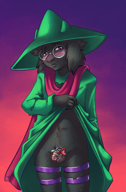 anthro balls black_body black_fur blush chastity_cage chastity_device clothed clothing eyewear fur genitals glasses lock long_ears looking_at_viewer male padlock penis red_eyes simple_background solo deijii deltarune undertale_(series) ralsei bovid caprine goat mammal hi_res