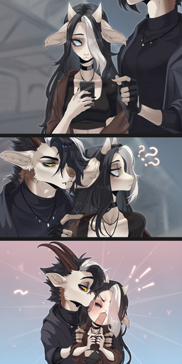anthro black_choker black_clothing black_hair black_jewelry black_necklace black_shirt black_topwear blue_eyes blush cellphone cheek_lick choker clothing duo electronics embarrassed exclamation_point face_lick female hair highlights_(coloring) holding_cellphone holding_object holding_phone horn jewelry licking long_hair male male/female necklace phone question_mark shirt tapping tongue topwear white_highlights yellow_eyes khomche lotti_(vulf-sama) viktor_(vulf-sama) bovid caprine goat mammal absurd_res comic hi_res brother_(lore) brother_and_sister_(lore) incest_(lore) sibling_(lore) sister_(lore)
