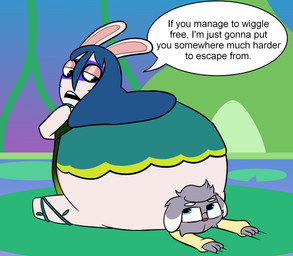 3_fingers anthro big_butt black_eyes black_mouth blue_eyes blue_hair blush blush_lines bodypaint butt clothing dialogue dipstick_ears dress duo ear_markings eyebrows eyewear face_paint female female_anthro fingers fur glasses grass green_clothing green_dress grey_body grey_fur grey_hair hair half-closed_eyes huge_butt leaf_dress light lily_pad long_ears long_hair looking_at_another looking_back looking_back_at_another looking_down looking_down_at_another looking_up_at_another lying lying_on_ground male male_anthro monobutt multicolored_body multicolored_ears narrowed_eyes noseless obese obese_anthro obese_female on_front on_ground overweight overweight_anthro overweight_female plant rectangular_glasses red_nose shirt short_hair sitting sitting_on_another sitting_on_ground speech_bubble talking_to_another tan_body tan_eyelids tan_inner_ear tan_skin teeth text topwear two_tone_body vines water white_body white_ear_tips white_eyebrows white_fur yellow_clothing yellow_shirt yellow_topwear hectorcollector mario_bros mario_plus_rabbids_sparks_of_hope nintendo pokemon raving_rabbids rayman_(series) ubisoft allegra_(mario_plus_rabbids) fan_character purccy_the_espurr espurr generation_6_pokemon lagomorph mammal pokemon_(species) rabbid 2024 colored crossover digital_drawing_(artwork) digital_media_(artwork) english_description english_text hi_res lighting
