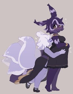 anthro barefoot blush breasts clothing dress duo eyes_closed feet female female/female footwear hair hand_on_belly looking_back multi_tail pregnant purple_body shoes simple_background size_difference smile standing tail white_hair eerieviolet april_(eerieviolet) hush_(demivo) canid canine fox mammal digital_media_(artwork) hi_res