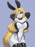 anthro big_breasts black_clothing black_gloves black_handwear blonde_hair blue_eyes bow_(feature) bow_in_front bow_tie breasts bunny_costume clothing costume female gloves hair hand_behind_head handwear huge_breasts looking_at_viewer navel simple_background smile solo translucent translucent_clothing white_background white_body general-irrelevant anna_(sailoranna) equid mammal 2022 3:4 digital_media_(artwork) hi_res