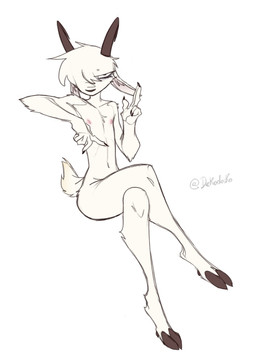 5_fingers anthro biped cloven_hooves crossed_legs fingers fur hair hair_over_eye half-closed_eyes hooves horn male male_anthro narrowed_eyes navel nipples nude nude_anthro nude_male scut_tail short_tail simple_background sitting slim solo tail text white_background white_body white_fur nekodoiko bovid caprine goat mammal english_text hi_res signature