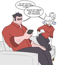 5_fingers anthro arm_hair big_butt black_bottomwear black_clothing black_pants body_hair bottomwear breasts brown_hair butt clothing dialogue duo electronics eyebrow_through_hair eyebrows eyewear female female_anthro fingers fur furniture grey_sofa hair hand_on_butt hand_on_own_butt horn long_sleeve_shirt looking_at_another male male_human medium_breasts open_mouth open_smile pants phone red_clothing red_eyes red_shirt red_topwear shirt short_hair simple_background sitting smile snout sofa speech_bubble sunglasses tail teeth text topwear translucent translucent_hair white_background white_body white_eyebrows white_fur white_hair white_horn bran-draws-things helltaker goat_lucifer_(helltaker) protagonist_(helltaker) bovid caprine goat human mammal 1:1 2020 english_text hi_res