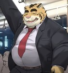 00murice 2024 anthro belly big_belly bottomwear clothing eyes_closed eyewear felid glasses group kemono male mammal necktie open_mouth overweight overweight_male pantherine pants pink_nose shirt solo_focus tiger topwear