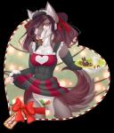 anthro band-aid bandage clothed clothing female hiding_pussy holidays looking_at_viewer simple_background smile solo standing harecandy christmas canid canine mammal 2018 alpha_channel digital_media_(artwork)