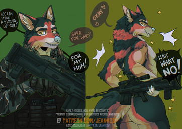 another anthro barrel bulletproof carrying_another clothing gear gloves gun handwear holographic load male nude ranged_weapon rifle scope sight solo tactical text topwear vest weapon jeanwoof canid canine mammal english_text