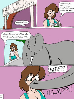 ambiguous_gender annoyed breasts cleavage clothed clothing cross-popping_vein dialogue duo elephant_ears female feral grey_body grey_skin imminent_transformation map midriff pamphlet proboscis_(anatomy) sign sound_effects text thought_bubble transformation transformation_sequence trunk_(anatomy) tusks what skyhammer elephant elephantid human mammal proboscidean comic english_text