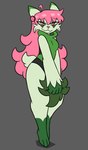 :3 anthro breasts cute_pose female fur green_body green_fur grey_background hair lidded_eyes long_hair looking_at_viewer medium_breasts pink_eyes pink_hair pokemorph simple_background smile solo nerdyreindeer nintendo pokemon domestic_cat felid feline felis floragato generation_9_pokemon mammal pokemon_(species) hi_res