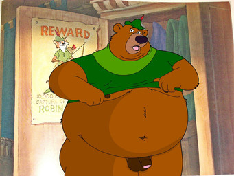 anthro balls belly belly_tuft big_belly bottomless bow_(weapon) bycocket clothed clothing double_chin embarrassed footwear genitals green_clothing hat hat_feather headgear headwear huge_belly humanoid_genitalia looking_at_viewer loose_feather male moobs navel nipples obese obese_anthro obese_male open_mouth overweight overweight_anthro overweight_male penis quiver_(object) raised_clothing raised_shirt raised_topwear ranged_weapon shirt shoes solo standing text topwear tuft tunic wanted_poster wardrobe weapon fender1988 little_john robin_hood bear brown_bear canid canine fox mammal red_fox true_fox ursine 4:3 english_text