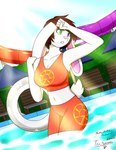 amusement_park anthro big_ears bottomwear breasts cleavage clothed clothing female hair heterochromia light light_beam pool pool_float red_hair shorts solo summer sun sunbeam sunlight swimwear tail text water water_park wet wet_clothing white_body trinitygodag dungeons_and_dragons hasbro wizards_of_the_coast hare harengon lagomorph leporid mammal rabbit 2022 absurd_res digital_drawing_(artwork) digital_media_(artwork) half-length_portrait hi_res portrait shaded signature