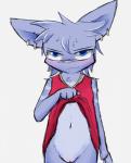 anthro blue_body blue_eyes blue_fur blue_hair blush bottomless clothed clothing female flashing fur genitals hair looking_at_viewer navel pink_nose pussy simple_background solo standing white_background conditional_dnp paliken vaatari domestic_cat felid feline felis mammal 2017