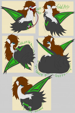 after_vore ambiguous_gender anthro anthro_prey belly big_belly black_belly black_body black_tail blue_eyes brown_hair digestion duo feral feral_pred green_wings grey_background hair neck_bulge oral_vore red_body rumbling_stomach simple_background tail vore white_neck wings fluffylatios nintendo pokemon generation_3_pokemon latias legendary_pokemon pokemon_(species) sergal 2026 comic hi_res sequence