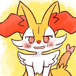 ambiguous_anthro ambiguous_gender anthro biped blush blush_stickers blushing_profusely emanata food front_view looking_at_viewer object_in_tail open_mouth open_smile shrimp_(food) simple_background smile solo spiral spiral_pupils tail annyui0611 nintendo pokemon braixen canid generation_6_pokemon mammal pokemon_(species) 1:1 2023 bust_portrait digital_drawing_(artwork) digital_media_(artwork) hi_res japanese_description portrait translated_description