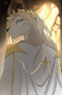 anthro black_nose blonde_hair blue_eyes clothing fur glass_window gold_dress golden_wreath hair light_body light_fur long_hair male solo white_clothing wreath yellow_light if-fi lord_avel_(quetzrow) canid canine mammal hi_res