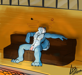 abs anthro balls barazoku blue_body blue_fur body_hair foreskin fur genitals happy_trail humanoid_genitalia humanoid_penis male muscular muscular_anthro muscular_male nipples nude orange_body pecs penis sauna sitting solo whiskers zordykeaboo zordy canid canine canis domestic_dog hybrid mammal