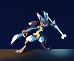 ambiguous_gender anthro biped blue_background blue_body blue_fur blue_tail bone bone_rush chest_tuft fur holding_object holding_weapon looking_at_viewer pattern_background pokemon_move simple_background solo spikes standing tail tuft weapon yellow_body yellow_fur kamabokobun nintendo pokemon generation_4_pokemon lucario pokemon_(species) artist_name hi_res