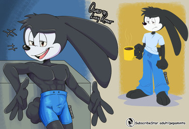 abs anthro athletic athletic_anthro athletic_male bedroom_eyes beverage black_body bottomwear bulge clothed clothing coffee coffee_mug container cup feet fingers hair half-closed_eyes holding_container holding_cup holding_mug holding_object male mug narrowed_eyes open_mouth pants pecs seductive shirt shorts simple_background smile solo tail teeth toes topwear pepamintop disney oswald_the_lucky_rabbit lagomorph leporid mammal rabbit 2025 absurd_res digital_media_(artwork) hi_res