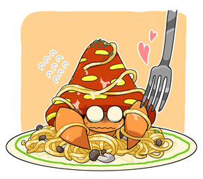 ambiguous_gender bodily_fluids cutlery feral food fork fungus heart_symbol in_food kitchen_utensils micro mushroom on_food pasta solo spaghetti sweat tools kageyama nintendo pokemon arthropod elemental_creature fungi_fauna generation_1_pokemon parasect pokemon_(species) 2016