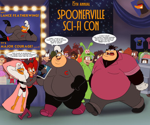 abs anthro body_pillow bulge clothed clothed_anthro clothed_female clothed_male clothing comic_book convention cosplay crowd crowd_scene dialogue female fully_clothed fully_clothed_anthro fully_clothed_female fully_clothed_male group male muscular muscular_anthro overweight overweight_anthro overweight_male pillow speech_bubble text unimpressed smallfryspy disney ducktales ducktales_(2017) goof_troop major_courage peg_pete pete_(disney) peter_pete_sr. pj_(goof_troop) avian bird canid canine canis domestic_cat domestic_dog felid feline felis mammal 6:5 absurd_res comic english_text hi_res huge_filesize