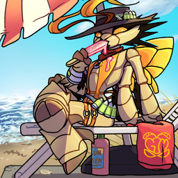 antennae_(anatomy) anthro beach bikini clothing food gun_belt hat headgear headwear holding_food holding_object holding_popsicle male popsicle popsicle_in_mouth popsicle_melting solo swimwear two-piece_swimsuit wings gilded_mantis brawlhalla reno_(brawlhalla) arthropod hymenopteran insect wasp 1:1 absurd_res hi_res
