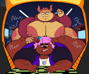 anthro arcade big_breasts big_butt big_nipples body_hair breasts brown_body butt chest_hair duo hair horn huge_breasts huge_butt huge_hips hyper hyper_butt male male/male nipples overweight overweight_male pink_hair red_hair red_nipples wide_hips yellow_body danmagicbear mythology cignus danmagicbear_(character) bear dragon mammal mythological_creature mythological_scalie scalie hi_res