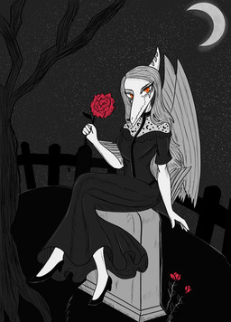 amber_eyes anthro black_clothing black_dress black_footwear black_high_heels bone_frill breasts clothed clothed_anthro clothed_female clothing detailed_background dress feathered_wings feathers female fence fingers flower footwear frill_(anatomy) front_view grey_body grey_feathers grey_hair hair high_heels holding_flower holding_object humanoid_hands long_hair looking_at_viewer markings moon night non-mammal_breasts outside plant pose shoes sitting sky small_breasts smile solo star starry_sky striped_markings stripes tombstone tree wings gothgator0 goodbye_volcano_high ko_op_(game_developer) fang_(gvh) prehistoric_species pterosaur reptile scalie absurd_res dark_theme full-length_portrait hi_res portrait restricted_palette