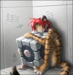 anthro collar corner countershading duo grin heart_symbol insane male nude smile solo stripes tail tally_marks text western_tally_marks zenthetiger portal_(series) the_cake_is_a_lie valve joshua_(zenthetiger) weighted_companion_cube felid inanimate_object mammal pantherine tiger english_text