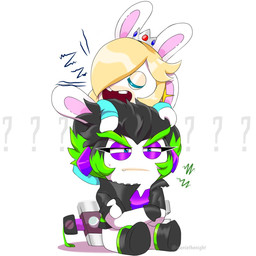 amethyst_(gem) annoyed anthro black_boots black_clothing black_footwear black_hair black_handwear black_jacket black_mittens black_topwear blonde_hair blue_clothing blue_dress blue_eyelashes bodily_fluids boots buckteeth clothed clothed_anthro clothed_female clothing crossed_arms crown dress duo ear_piercing eyebrows eyelashes eyes_closed female female_anthro footwear gem green_eyebrows green_hair hair hair_over_eye handwear headgear jacket light long_ears long_hair lying_on_another melee_weapon mitten_hands mittens multicolored_hair narrowed_eyes nervous nervous_sweat noseless open_clothing open_jacket open_mouth open_smile open_topwear pantsless_anthro pantsless_female piercing pink_inner_ear purple_clothing purple_eyelids purple_shirt purple_topwear question_mark ruby_(gem) sapphire_(gem) shirt shoes short_hair simple_background sitting sleeping smile sound_effects spiky_hair squint star_ear_piercing sweat sword teeth text thick_eyebrows topwear torn_clothing torn_shirt torn_topwear two_tone_hair vowelless vowelless_sound_effect weapon white_background zzz jooniethenight mario_plus_rabbids_sparks_of_hope nintendo raving_rabbids rayman_(series) ubisoft edge_(mario_plus_rabbids) rabbid_rosalina lagomorph mammal rabbid 1:1 2022 artist_name colored crossover digital_drawing_(artwork) digital_media_(artwork) english_description hi_res lighting shaded