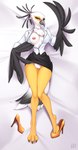 anthro beak black_body black_feathers bottomwear breasts chest_tuft clothed clothing feathers female footwear high_heels looking_at_viewer nipples presenting shirt shoes skirt solo tail tail_feathers topwear tuft white_body white_feathers v3nusbby aggretsuko sanrio secretary_washimi accipitriform avian bird secretary_bird absurd_res hi_res