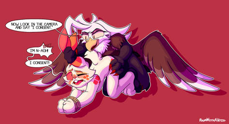 all_fours anthro bdsm blush bodily_fluids bondage bound butt butt_grab coercion consent_themes dialogue duo explicitly_stated_consent forced grabbing_both_ears hand_on_butt looking_at_viewer questionable_consent speech_bubble spread_wings tears wings roomwithavoid mythology patches_(roomwithavoid) thirio_(roomwithavoid) avian dragon gryphon hybrid lagomorph leporid mammal mythological_avian mythological_creature mythological_scalie rabbit scalie absurd_res hi_res