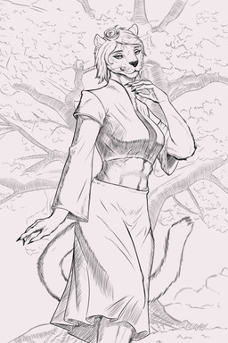 anthro athletic cherry_blossom cherry_blossom_tree cherry_tree clothing female flower fruit_tree plant prunus_(flower) solo standing tree whiskers esmond_(artist) felid mammal pantherine snow_leopard 2:3 absurd_res hi_res
