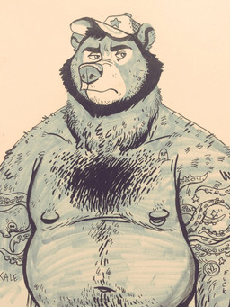 anthro beard belly big_belly body_hair chest_hair clothing facial_hair front_view grumpy hairy hat hat_only headgear headgear_only headwear headwear_only male mostly_nude musclegut muscular navel nipple_piercing nipples overweight overweight_anthro overweight_male piercing shoulder_hair simple_background slightly_chubby solo tattoo white_background dramamine bear mammal 2016 3:4 half-length_portrait hi_res monochrome portrait
