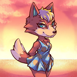 anthro black_nose blonde_hair blue_eyes breasts clothing dress female food_print fur hair looking_at_viewer medium_breasts orange_body orange_fur outside smile solo sunset plagueofgripes animal_crossing nintendo audie_(animal_crossing) canid canine canis mammal wolf 1:1 2020 hi_res