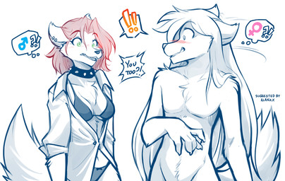 5_fingers alternate_species anthro biped blush bra breasts casual_nudity chest_tuft claws clothed clothed_anthro clothed_female clothing collar convenient_censorship crossgender duo ear_piercing ear_ring eyebrow_through_hair eyebrows female finger_claws fingers front_view ftm_crossgender fur furrification green_eyes hair male mtf_crossgender nude nude_anthro nude_male open_clothing open_mouth open_shirt open_topwear panties piercing ring_piercing shirt simple_background spiked_collar spikes standing stare surprised tail teeth tongue topwear translucent translucent_hair tuft underwear white_background conditional_dnp tom_fischbach twokinds database_error_(twokinds) raine_silverlock canid canine canis keidran mammal wolf 2026 blue_and_white digital_drawing_(artwork) digital_media_(artwork) hi_res monochrome sketch spot_color