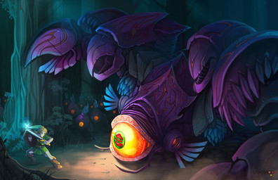 1_eye 5_fingers ambiguous_gender blonde_hair blue_eyes boots clothed clothing detailed_background female fingers footwear forest glowing glowing_eyes green_eyes group hair hat headgear headwear male melee_weapon night not_furry plant purple_body shield shirt shoes size_difference sword topwear tree tunic weapon wings yellow_sclera pertheseus nintendo ocarina_of_time the_legend_of_zelda gohma link navi fairy humanoid hylian monster 2012 digital_media_(artwork)