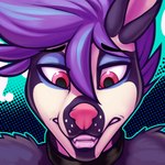 anthro collar hair lips lipstick looking_down makeup male pink_eyes pink_lips pink_lipstick purple_hair solo whisker_spots dripponi drip_(dripponi) canid canine canis jackal mammal 1:1 2024 hi_res portrait