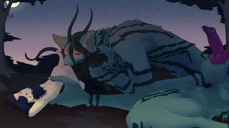 anal animal_genitalia anthro balls canine_genitalia duo genitals glowing glowing_eyes holding_penis horn knot knotted_penis male male/male nature_background oral penis rimming rimming_male sex size_difference sky star starry_sky fish-ears cronus_(fish-ears) erin_(fish-ears) canid canine domestic_cat felid feline felis hybrid mammal maned_wolf siamese_cat absurd_res hi_res