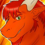 anthro eyebrows fur green_eyes hair headshot_portrait horn humanoid_pointy_ears kulbara looking_at_viewer male portrait red_body red_eyebrows red_fur red_hair sharp_teeth simple_background solo teeth yellow_background