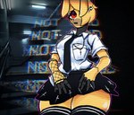 anthro clothed clothing cross eyeshadow female fingers looking_at_viewer machine makeup necktie one_eye_obstructed red_eyes solo thick_thighs stormkinght five_nights_at_freddy's scottgames spring_bonnie_(fnaf) animatronic lagomorph leporid mammal rabbit robot 2023 digital_media_(artwork)