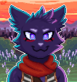 ambiguous_gender anthro blue_eyes detailed_background evening front_view fur handpaw laugh laughing_at_viewer monotone_body monotone_fur outside paws pointy_ears prick_ears purple_body purple_fur red_scarf scarf smile solo sunset talking_to_viewer grumpyfart domestic_cat felid feline felis mammal animated bust_portrait digital_media_(artwork) icon pixel_(artwork) pixel_animation portrait signature