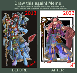 4_arms before_and_after biped breasts cleavage clothed clothing digitigrade female fully_clothed hair long_hair multi_arm multi_limb solo text year doodlelu1992 animal_humanoid felid felid_humanoid feline feline_humanoid humanoid mammal mammal_humanoid digital_media_(artwork) english_text meme multiple_images signature traditional_media_(artwork)
