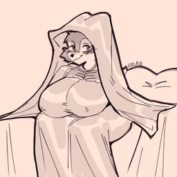 anthro bed big_breasts blush breasts clothed clothing female furniture huge_breasts nipple_outline pillow simple_background smile solo thick_thighs eldiipiid disney robin_hood_(disney) maid_marian canid canine fox mammal 2025 low_res