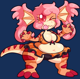 anthro bikini bikini_top bottomwear breasts camel_toe claws cleavage clothed clothing costume countershading female genital_outline hair navel non-mammal_breasts non-mammal_navel one_eye_closed orange_body overweight overweight_anthro overweight_female pigtails pink_hair red_eyes scales shortstack skirt slightly_chubby small_breasts snout solo stripes swimwear tail thick_thighs thigh_gap two-piece_swimsuit vulva_outline wide_hips wink blargen69 mythology yokai_love_you! tsuchino_(blargen69) dinosaur dragon kaiju mythological_creature mythological_scalie prehistoric_species reptile saurischian scalie theropod tyrannosaurid tyrannosauroid tyrannosaurus tyrannosaurus_rex alpha_channel hi_res model_sheet