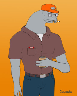 alcohol beer belt beverage beverage_can bottomwear cigarette clothed clothing eyewear grey_body hat headgear headwear male mandibles pants shirt solo sunglasses topwear sangscalie halo_(series) king_of_the_hill microsoft xbox_game_studios dale_gribble alien sangheili colored
