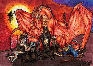 anthro blonde_hair detailed_background eyes_closed female feral group hair horn male membrane_(anatomy) membranous_wings nude outside red_eyes smile spines sunset tail wings natoli mythology canid canine canis domestic_cat dragon felid feline felis mammal mythological_creature mythological_scalie scalie wolf 2012 traditional_media_(artwork)