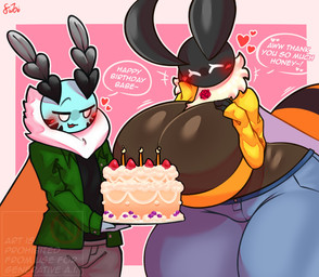 anthro anti-ai_logo big_breasts birthday_cake breasts cake dessert dialogue duo female food huge_breasts male male/female text thick_thighs forsakenedbread rosemary_(milklovingcat) twil_(milklovingcat) arthropod insect lepidopteran moth 2026 english_text hi_res
