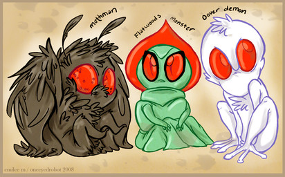 ambiguous_gender antennae_(anatomy) big_eyes border brown_body brown_feathers chest_tuft cryptozoology feathers fur green_body group hair looking_at_viewer neonate oneeyedrobot orange_border red_eyes simple_background tuft white_body white_fur young unknown_artist dover_demon flatwoods_monster mothman alien arthropod cryptid insect lepidopteran monster moth 2008