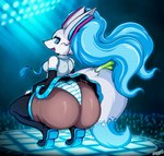 accessory alternative_fashion anthro big_butt blue_eyes boots bottomwear breasts butt clothing cosplay crouching eyeshadow fangs female food footwear freckles fur hair_accessory huge_butt inner_ear_fluff j-fashion leek legwear looking_at_viewer looking_back makeup markings medium_breasts motion_lines necktie onion open_mouth pattern_clothing pattern_underwear plant shaking_butt shoes skirt smile solo stage striped_clothing striped_underwear stripes tail tail_markings teeth thick_thighs tuft twerking underwear vegetable wide_hips mahoxy nintendo pokemon vocaloid braixune_miku_(mahoxy) hatsune_miku braixen generation_6_pokemon pokemon_(species) absurd_res hi_res