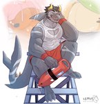 anthro belly big_belly big_pecs blush clothed clothing dorsal_fin fantasizing fin gills grey_body horn lifeguard lifeguard_tower male muscular muscular_anthro muscular_male overweight overweight_anthro overweight_male pecs solo stubble swimming_trunks swimwear tail tail_fin lemusuniverse dante_(newwaffleguy) fish marine shark hi_res