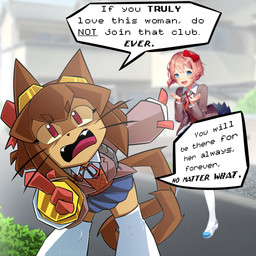 anthro asian_clothing big_tail blue_eyes bottomwear brown_body brown_hair brown_tail building clothing cosplay crossover_cosplay duo east_asian_clothing eyelashes eyewear eyewear_on_head fangs female gesture goggles goggles_on_head hair hand_gesture house japanese_clothing japanese_school_uniform legwear light_body light_skin looking_at_viewer open_mouth pink_hair pointing ribbons school_uniform short_hair skirt speech_bubble street tail talking_to_another teeth text thigh_highs uniform whiskers pinxsea doki_doki_literature_club! gameoverse glitch_productions team_salvato kit_bodega sayori_(doki_doki_literature_club!) domestic_cat felid feline felis human mammal 1:1 crossover english_text hi_res